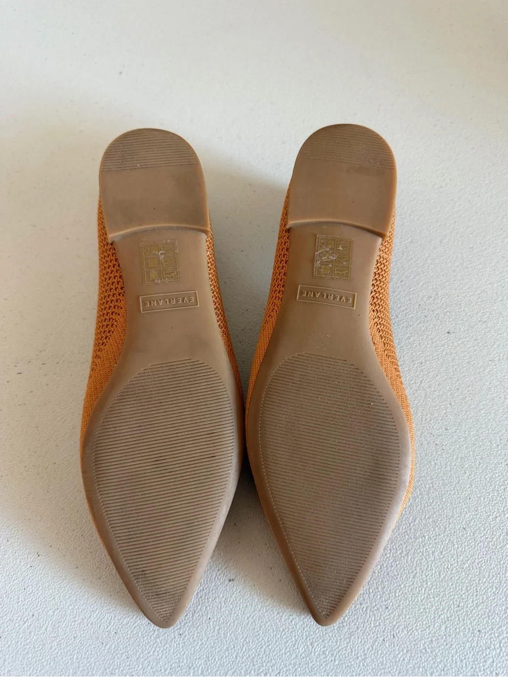 Everlane The 40 Hour Reknit Pointed Flat Shoes in a caramel or toffee color